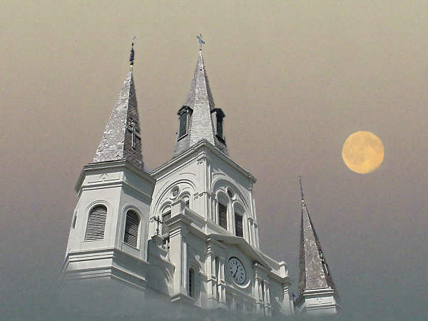St. Louis Cathedral emerging from fog under Full Moon, fantasy creation of Bobby Matherne, Copyright 2003