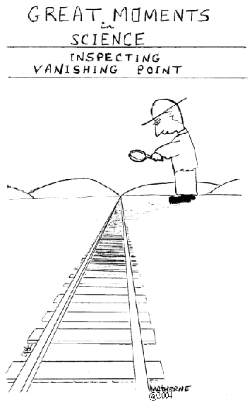  Rudolf Steiner examines the train vanishing in the distance, Cartoon Copyright 2004 by Bobby Matherne