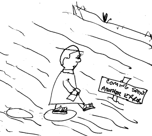Padre Filius on stepping stones in a river, waiting for the the next stone, Cartoon Copyright 2004 by Bobby Matherne